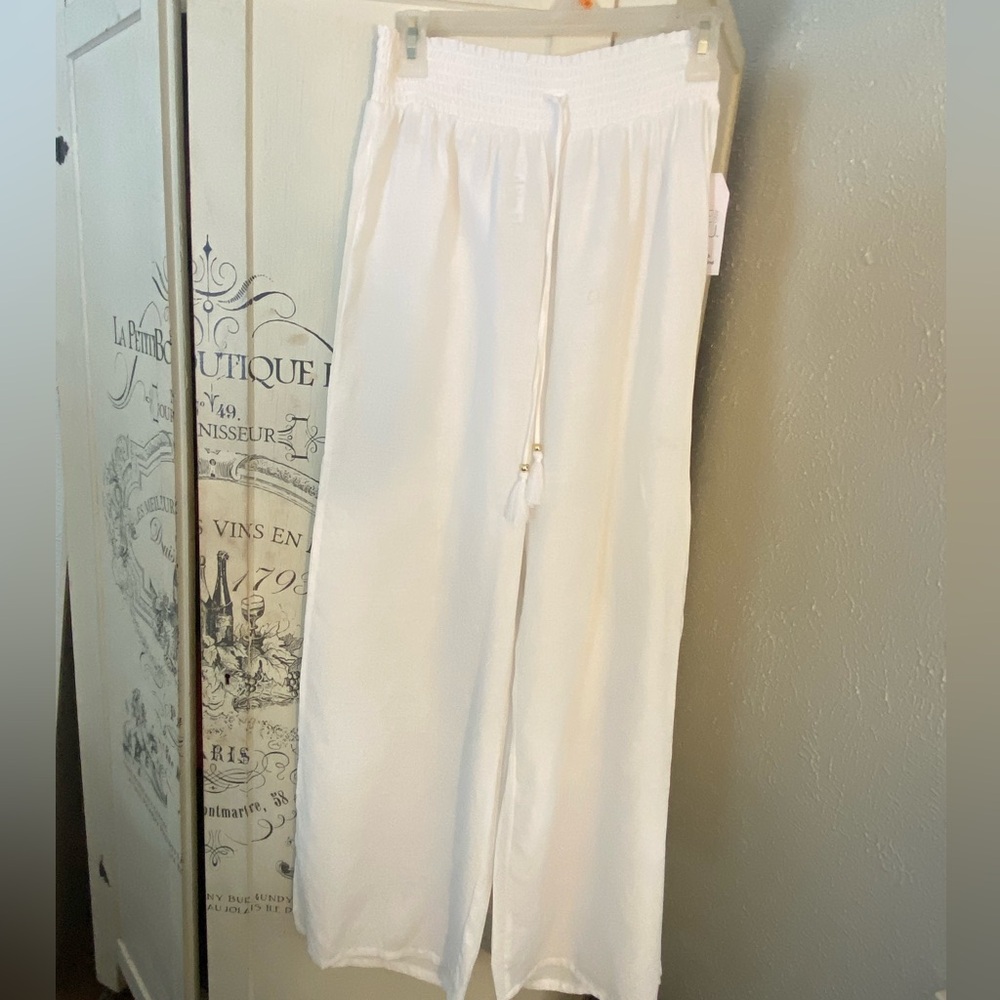 NWT Time Tru White Beaded Wide Leg Beach Pants with Split hem- SZ Medium